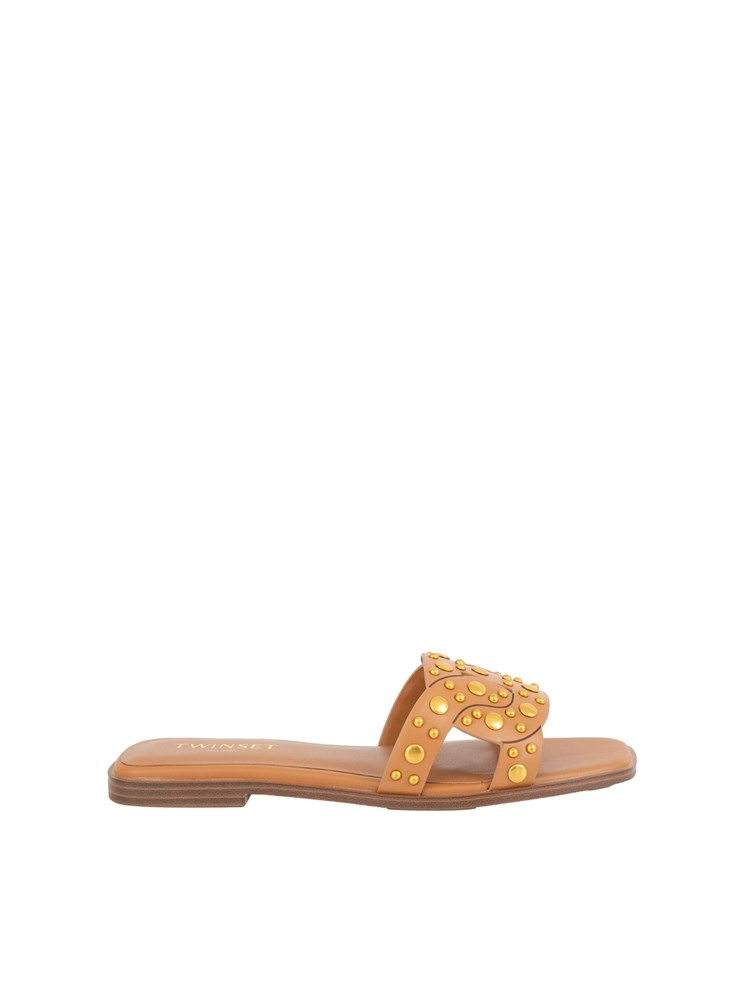 TWIN-SET Sandali slide Twinset in pelle cuoio con borchie
