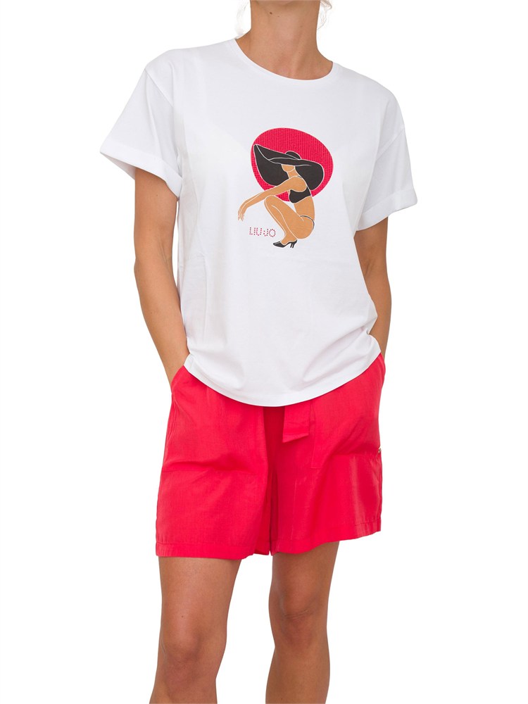 T-shirt bianca Liu Jo donna con girocollo, maniche corte e stampa grafica con strass