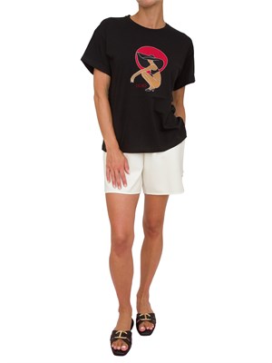 T-shirt nera Liu Jo donna con girocollo, maniche corte e stampa grafica con strass in DONNA