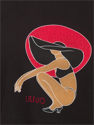T-shirt nera Liu Jo donna con girocollo, maniche corte e stampa grafica con strass in DONNA