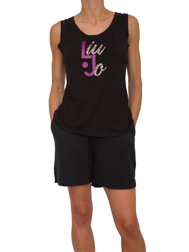 Top nero Liu Jo donna con stampa logo palme e strass