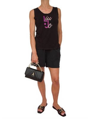 Top nero Liu Jo donna con stampa logo palme e strass in DONNA
