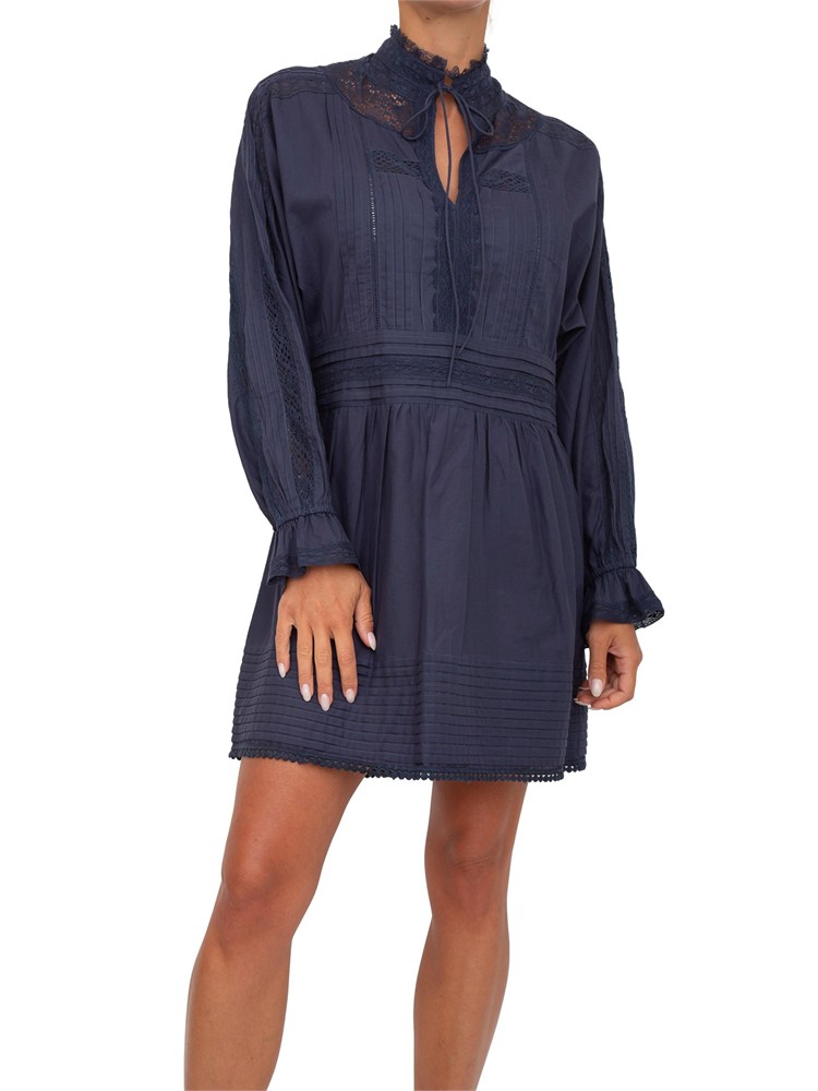 TWIN-SET Abito corto Twinset in mussola blu con ricami e inserti in pizzo