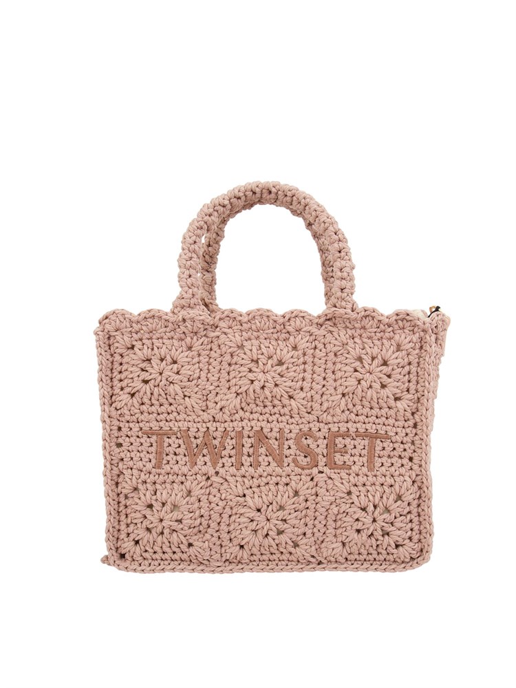 TWIN-SET Borsa shopper Twinset Bohémienne in crochet di cotone rosa