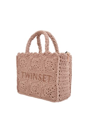 TWIN-SET Borsa shopper Twinset Bohémienne in crochet di cotone rosa in DONNA
