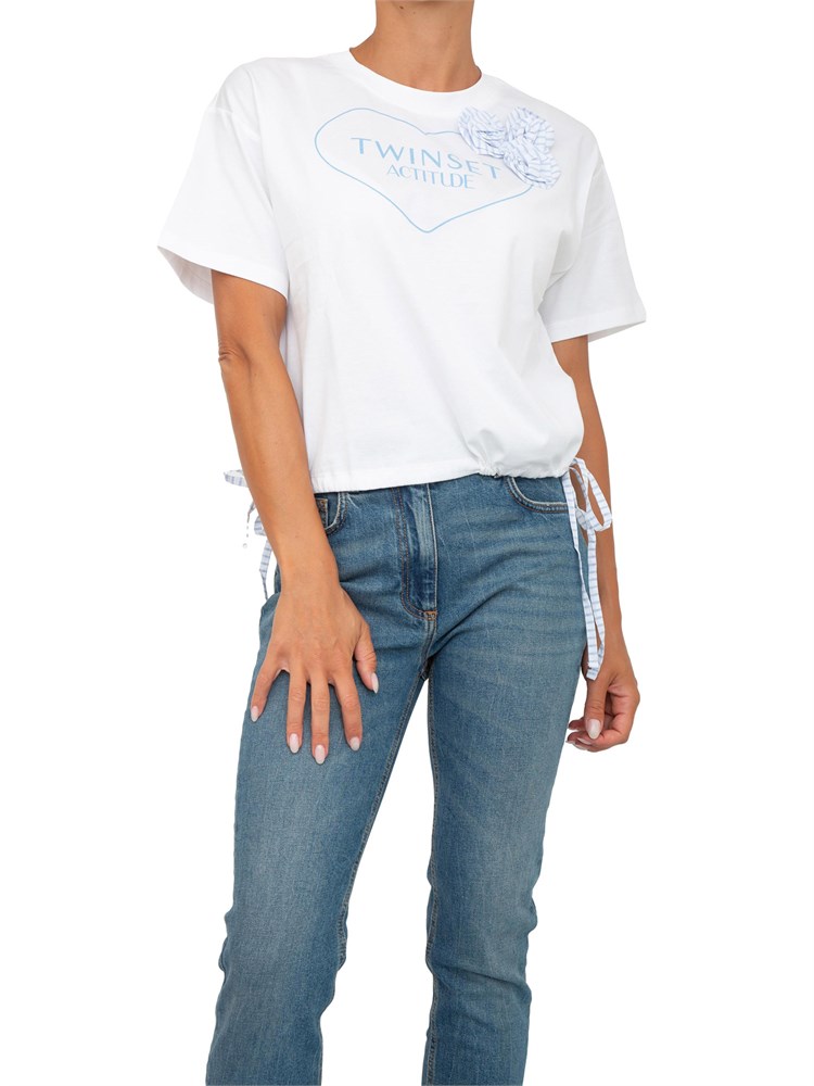 TWIN-SET T-shirt bianca Twinset Actitude con stampa cuore e fiore applicato