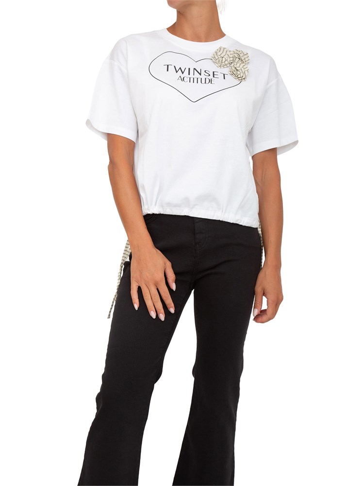 TWIN-SET T-shirt bianca Twinset Actitude con stampa cuore e fiore applicato