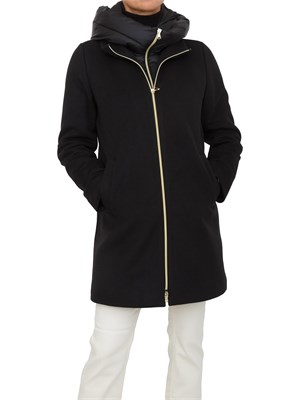 Cappotto imbottito Emme Marella in misto viscosa nero con pettorina e cappuccio staccabili in DONNA