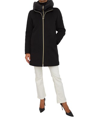Cappotto imbottito Emme Marella in misto viscosa nero con pettorina e cappuccio staccabili in DONNA