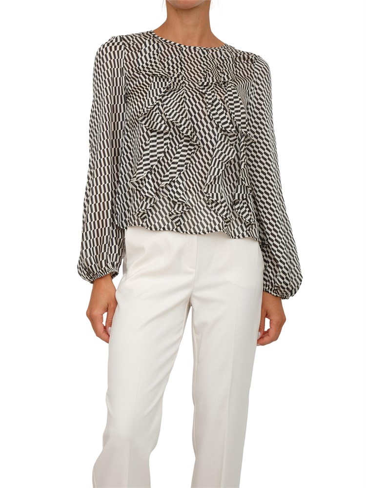 Camicia manica lunga Emme Marella in raso leggero con stampa geometrica nera e bianca