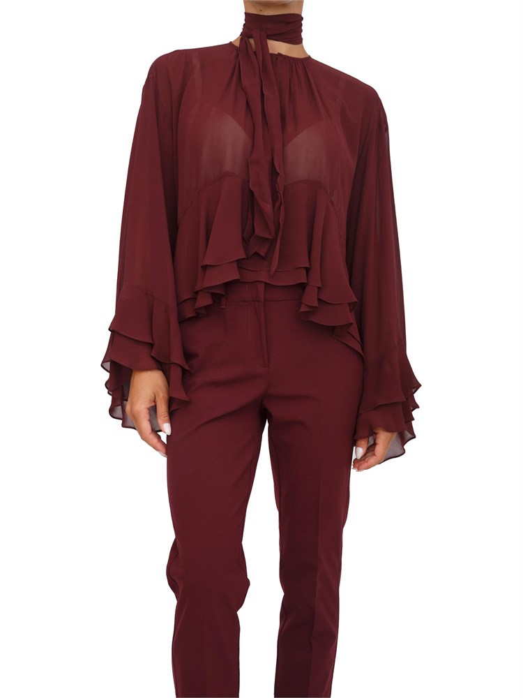 Blusa Marella in georgette bordeaux con balze e fascia sul collo