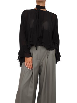 Blusa Marella in georgette nera con balze e fascia sul collo in DONNA