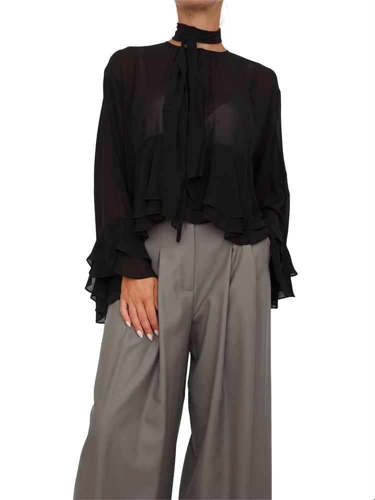 Blusa Marella in georgette nera con balze e fascia sul collo