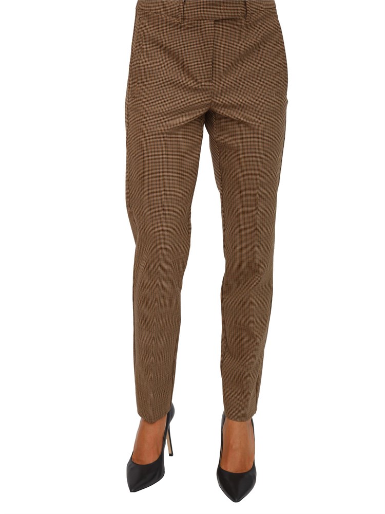 Pantalone chino Marella in misto lana stretch con micro pied de poule marrone