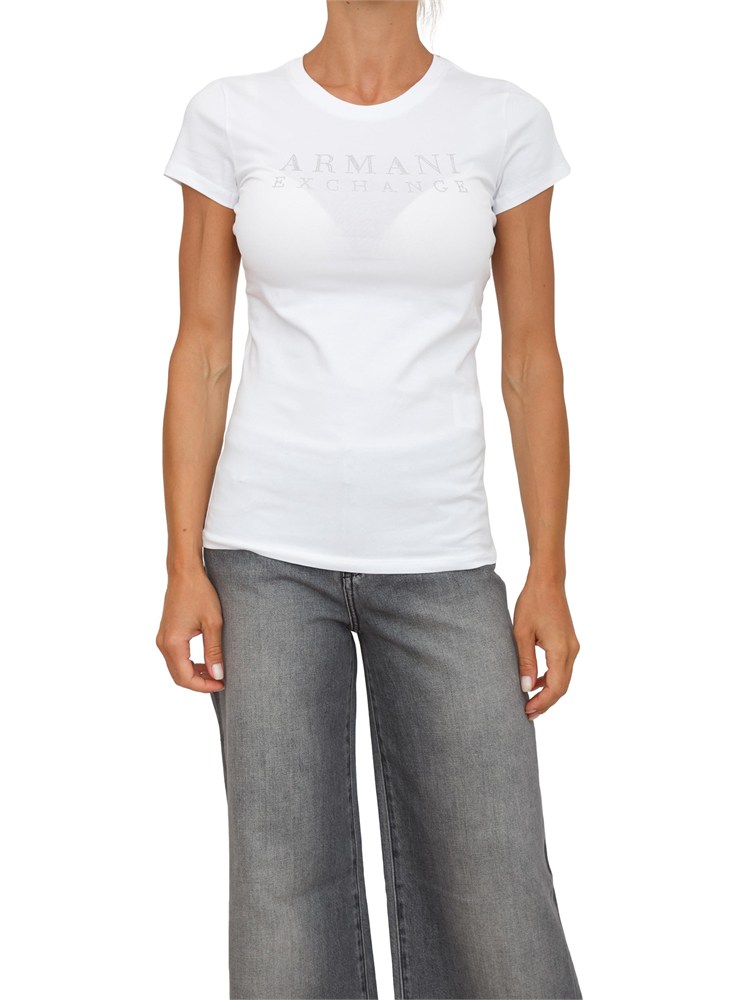 T-shirt donna Armani Exchange in cotone bianco con logo strass