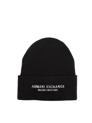 Cappello beanie Armani Exchange nero con logo bianco a contrasto in UOMO