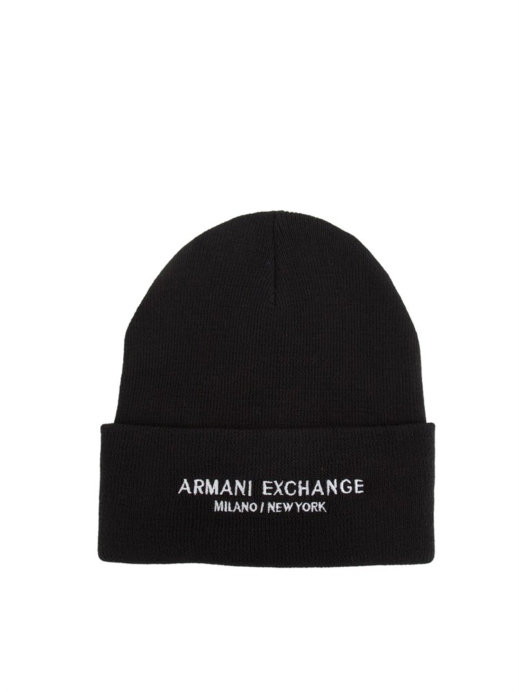 Cappello beanie Armani Exchange nero con logo bianco a contrasto