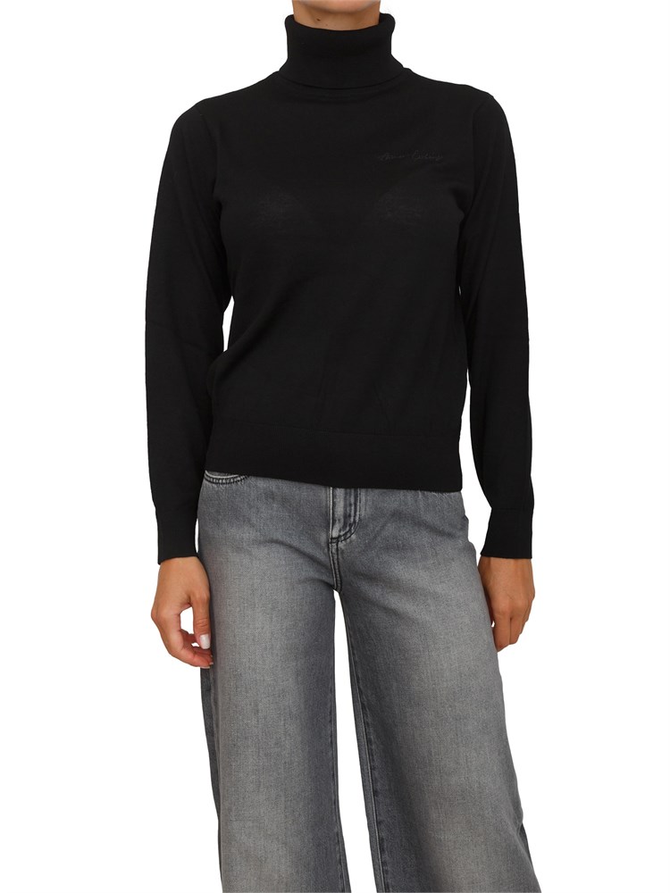 Maglia donna Armani Exchange in misto viscosa nera con collo alto e logo ricamato
