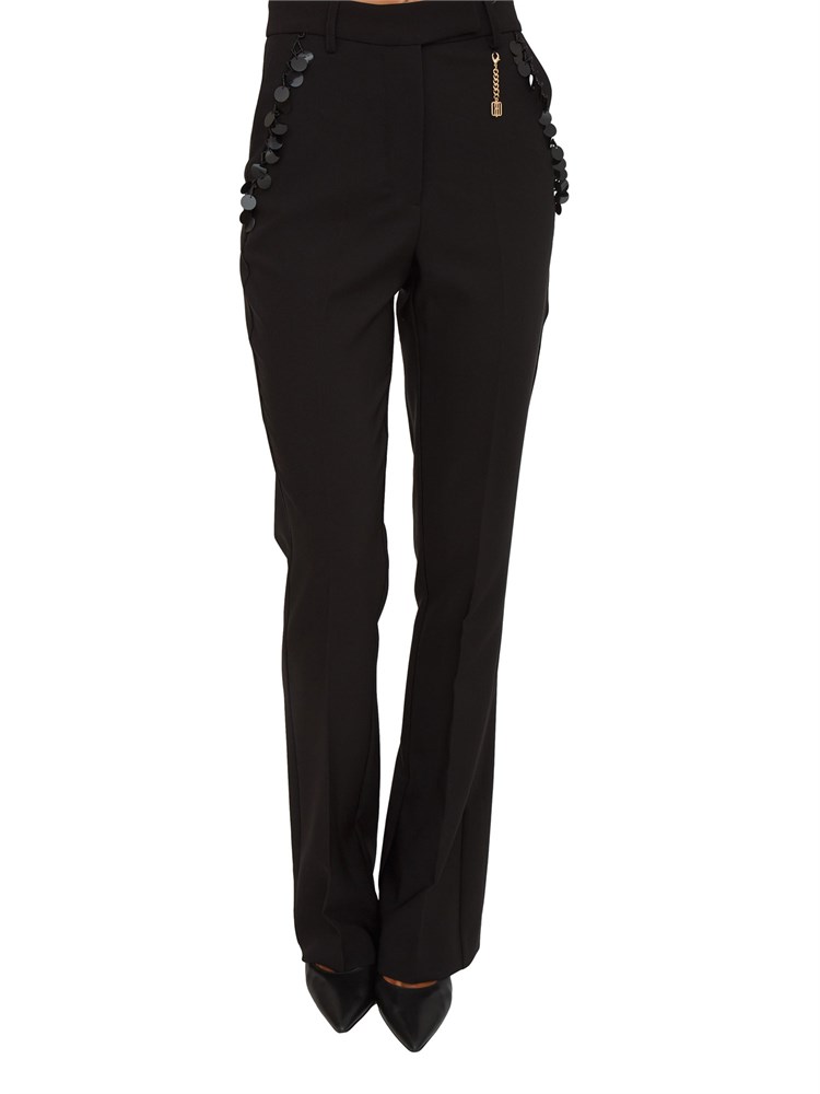Pantalone bootcut Fracomina in jersey nero con paillettes sulle tasche