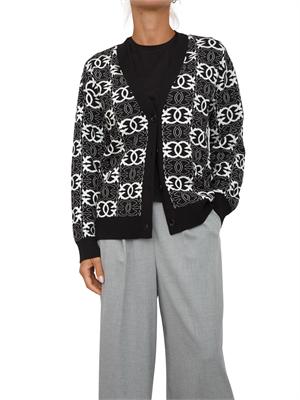 Cardigan over Pinko in morbida lana con logo all over a contrasto bianco e nero in DONNA