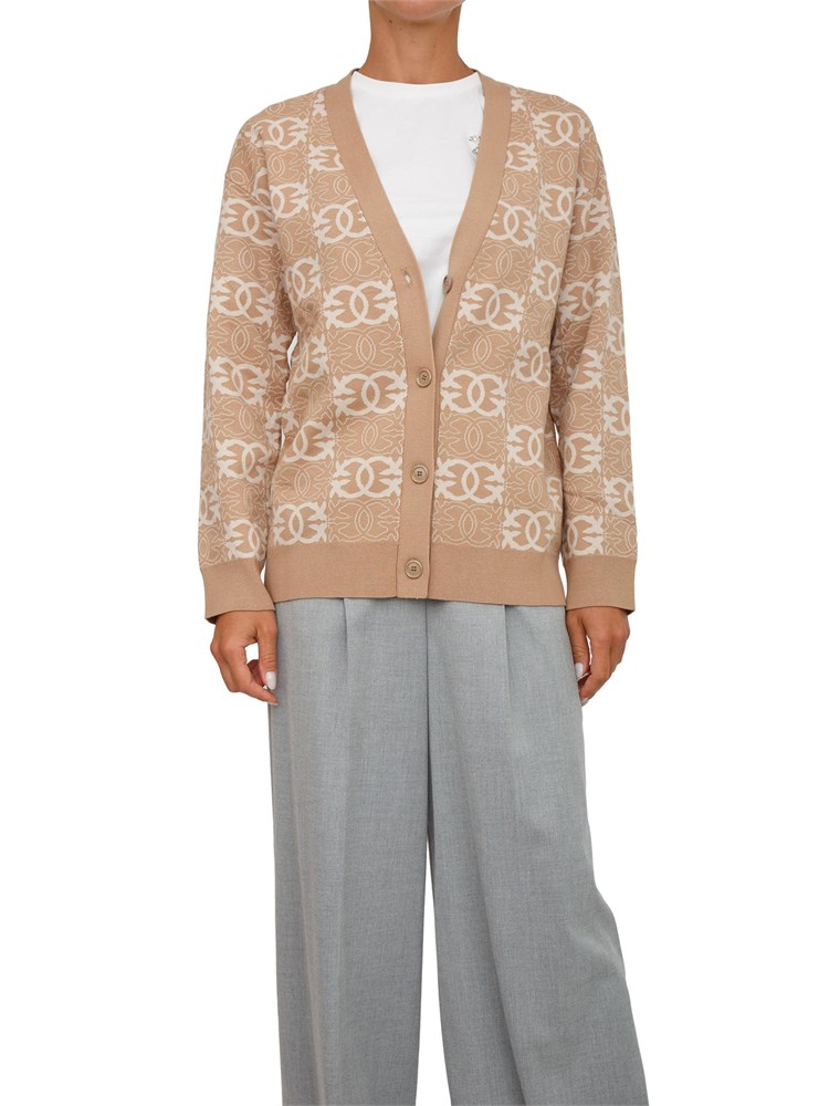 Cardigan over Pinko in lana con logo all over cammello e bianco