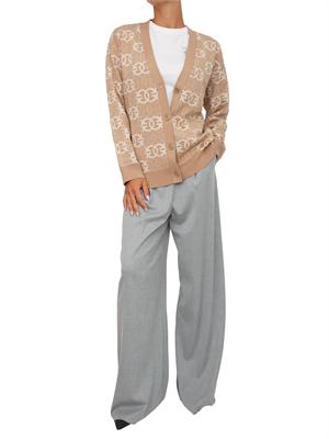 Cardigan over Pinko in lana con logo all over cammello e bianco in DONNA