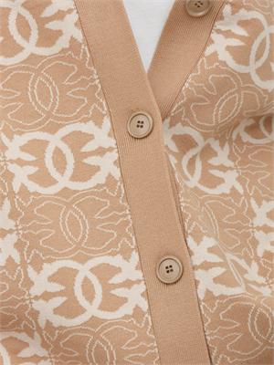 Cardigan over Pinko in lana con logo all over cammello e bianco in DONNA