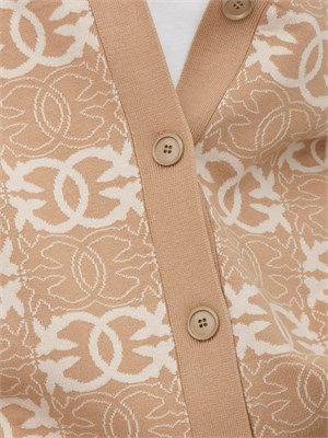 Cardigan over Pinko in lana con logo all over cammello e bianco in DONNA