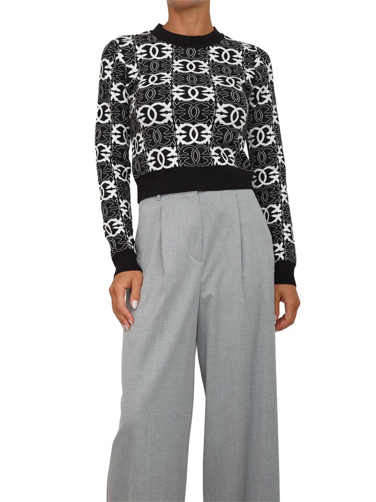 Maglia cropped Pinko in lana con fantasia logo all over nera e bianca
