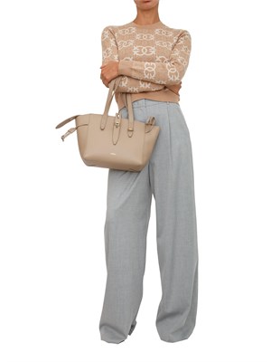 Maglia cropped Pinko in lana con fantasia logo all over cammello e bianco in DONNA