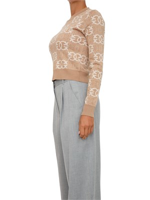Maglia cropped Pinko in lana con fantasia logo all over cammello e bianco in DONNA