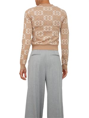 Maglia cropped Pinko in lana con fantasia logo all over cammello e bianco in DONNA