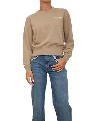 Maglia Pinko in lana e cashmere cammello con maxi logo a contrasto dietro in DONNA