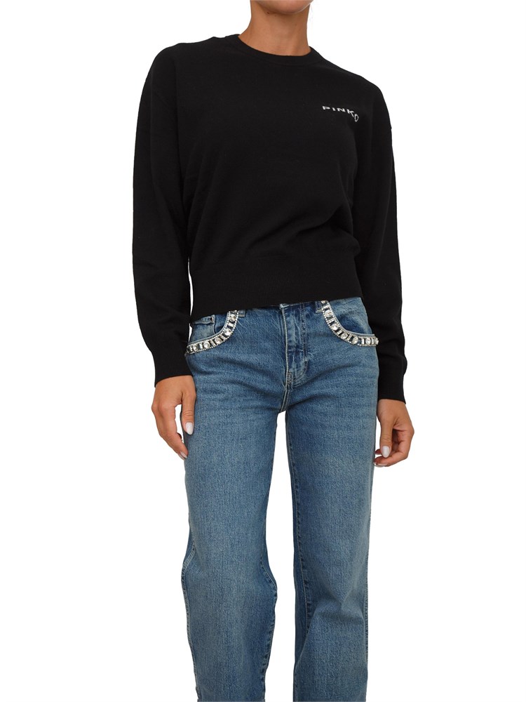Maglia Pinko in lana e cashmere nero con maxi logo a contrasto dietro
