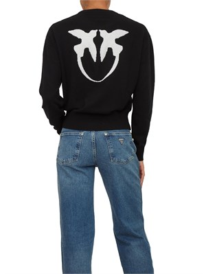 Maglia Pinko in lana e cashmere nero con maxi logo a contrasto dietro in DONNA