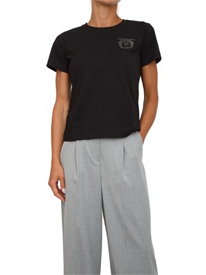T-shirt Pinko in cotone nero con ricamo logo in cristalli in DONNA