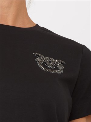 T-shirt Pinko in cotone nero con ricamo logo in cristalli in DONNA