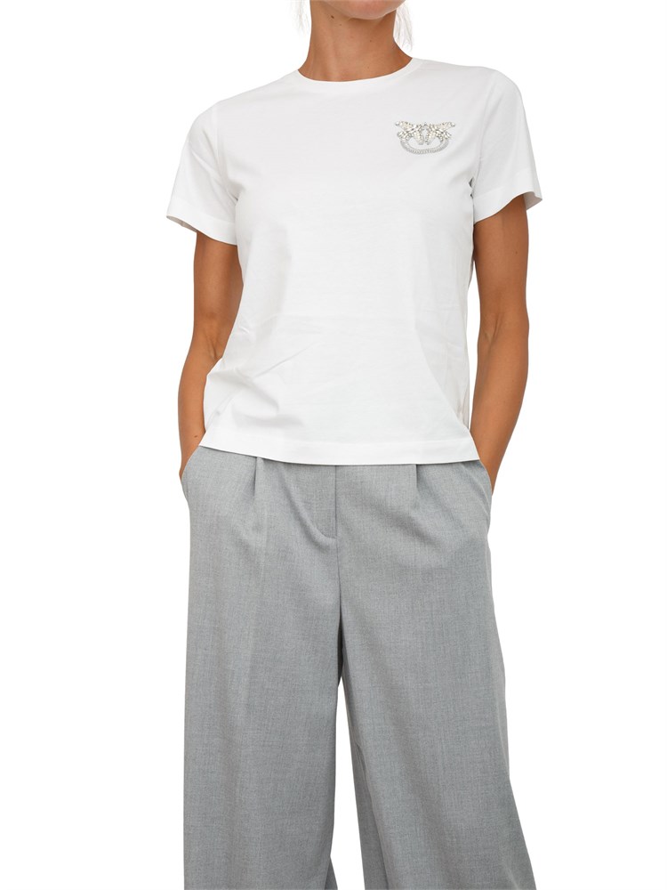 T-shirt Pinko in cotone bianco con ricamo logo in cristalli