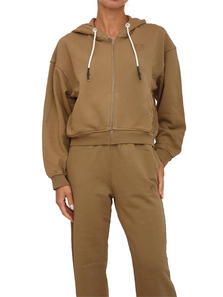 Felpa Pinko con cappuccio in cotone cammello e logo tono su tono