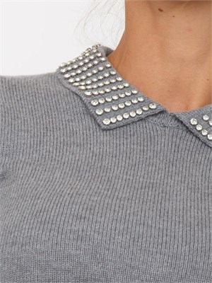 Maglia Pinko in lana grigia con colletto strass all over in DONNA