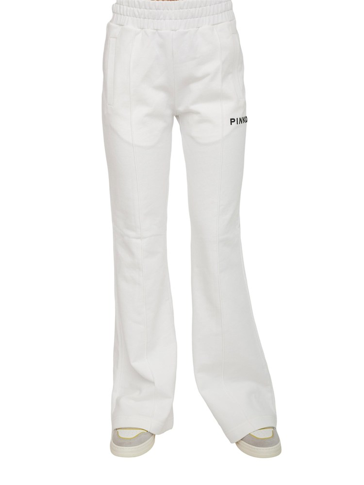 Pantaloni jogger Pinko modello flare in morbido cotone bianco e logo a contrasto