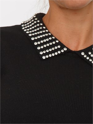Maglia Pinko in lana nera con colletto strass all over in DONNA