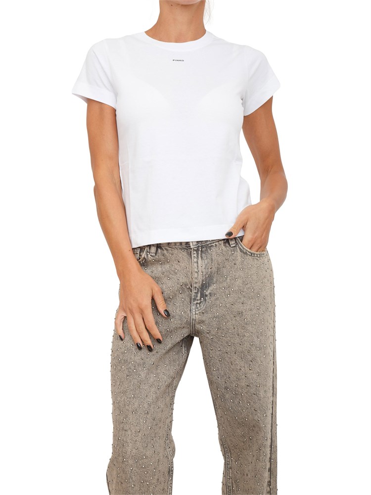 T-shirt Pinko in jersey di cotone bianco con stampa logo a contrasto