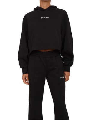 Felpa cropped Pinko con cappuccio in cotone nero e logo a contrasto in DONNA