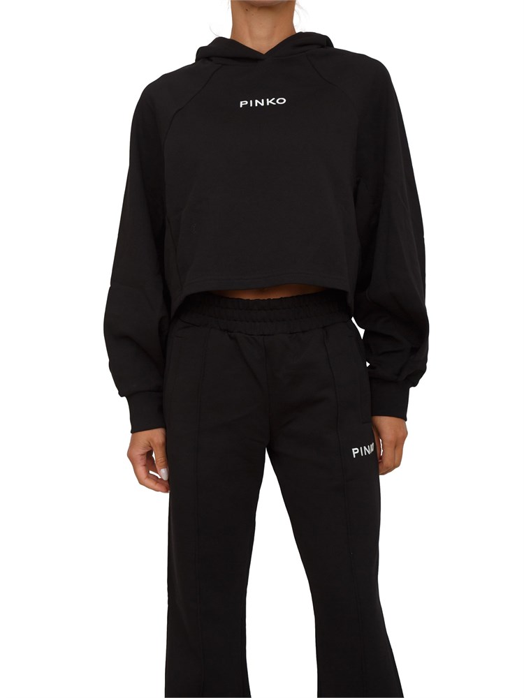 Felpa cropped Pinko con cappuccio in cotone nero e logo a contrasto