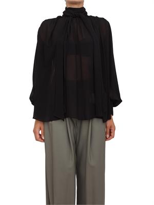 Camicia blusa Marella in georgette di viscosa nera con fiocco e arricci su scollo in DONNA