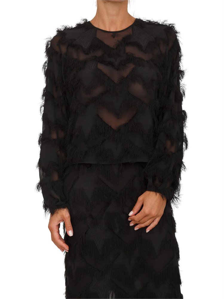 Blusa Marella in georgette nera lavorata in fil coupé effetto frangia