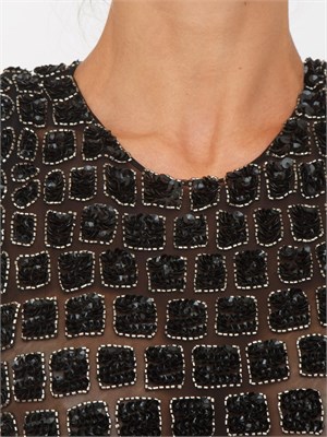 Abito Elisabetta Franchi in crêpe nero e tulle con ricami cocco in DONNA