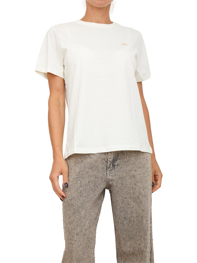 TWIN-SET T-shirt Twinset in jersey di cotone bianco con placchetta Oval T strass