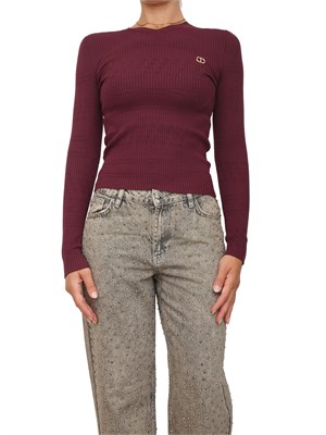 TWIN-SET Maglia Twinset in filato a costine bordeaux con lavorazione traforata in DONNA